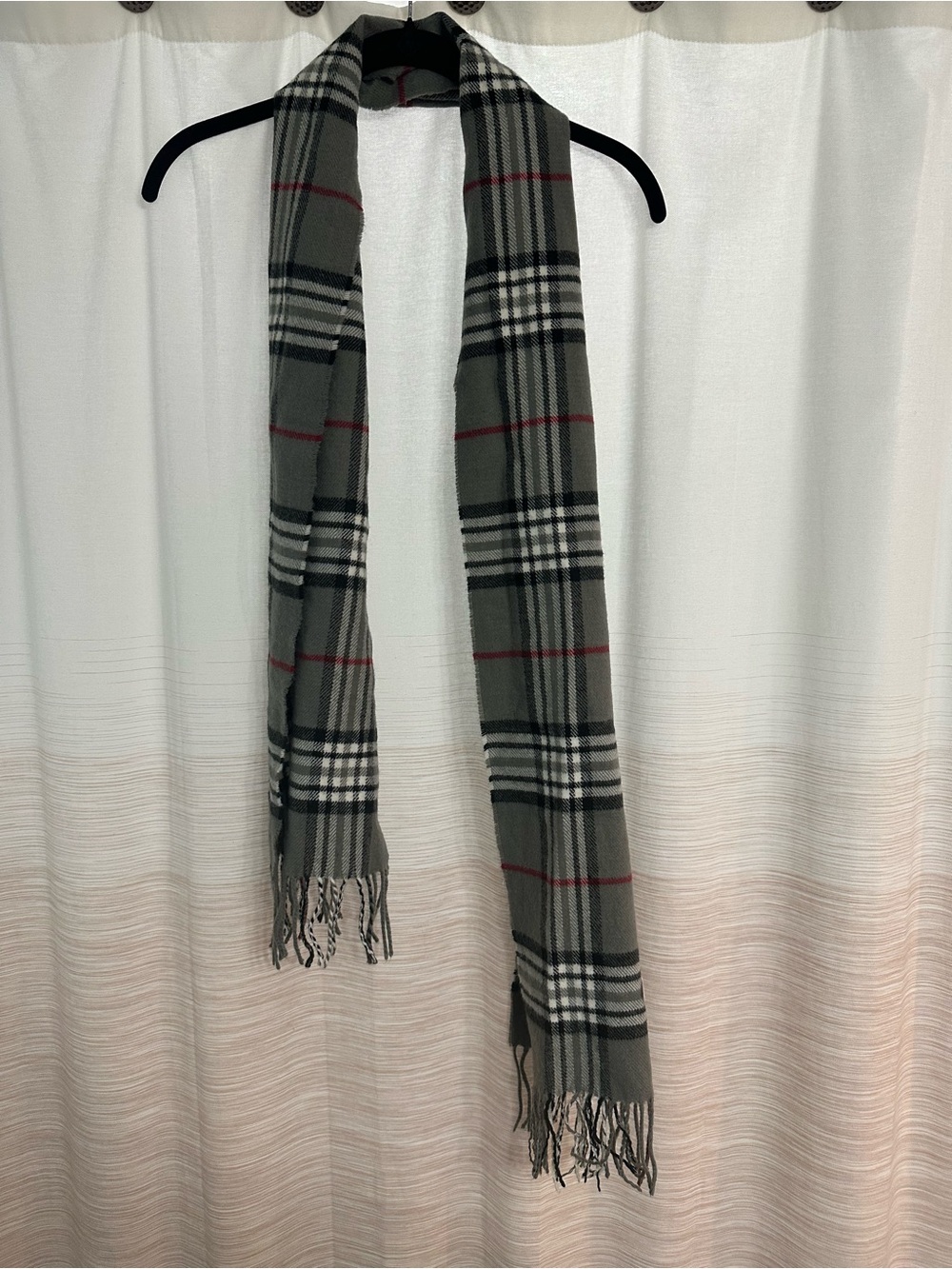 Cashmere Blend Plaid Fringe Winter Scarf — Gray, Black, White, Red Accents